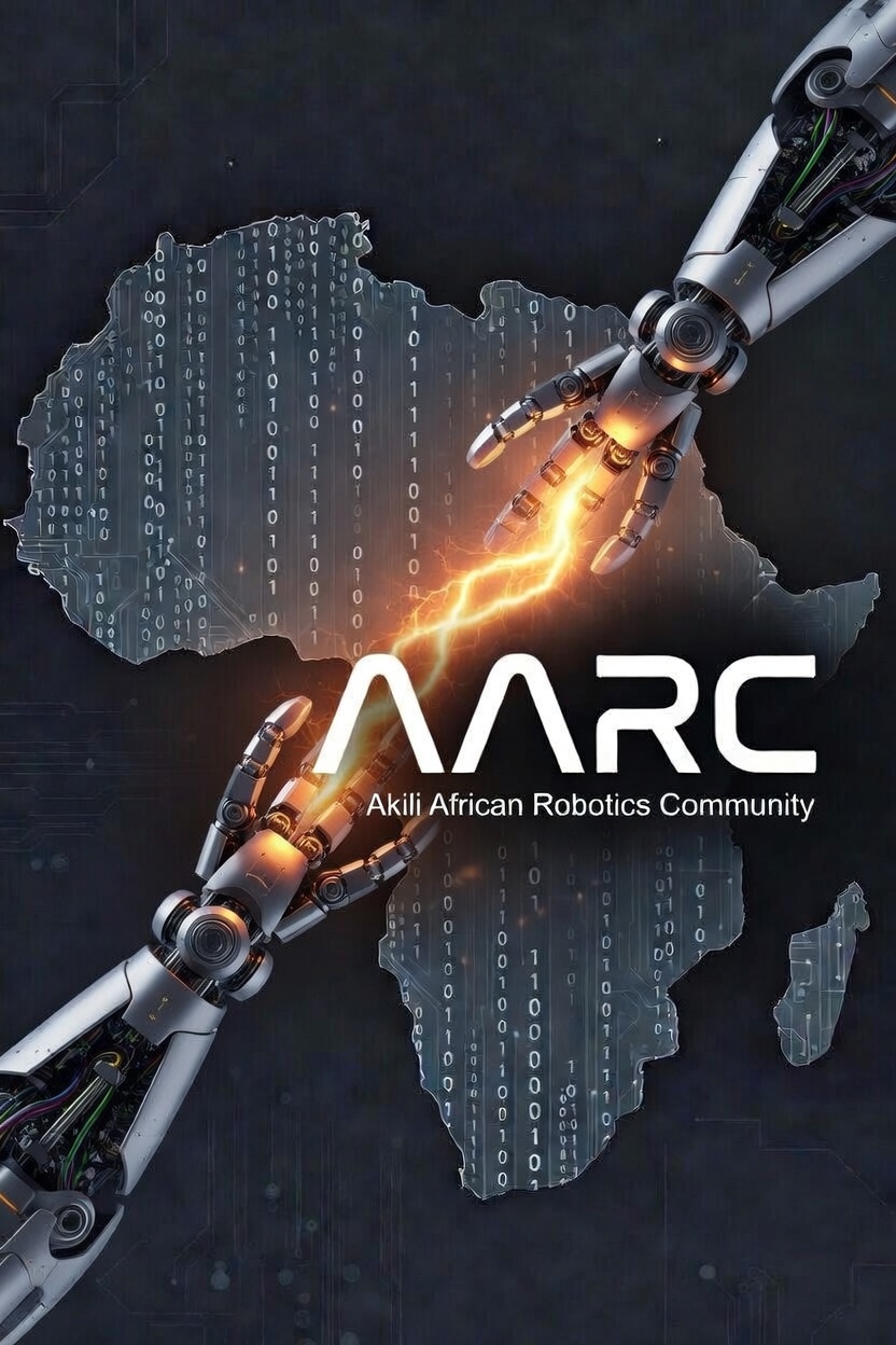 Two robotic arms reaching across a map of Africa, joined by a spark of energy